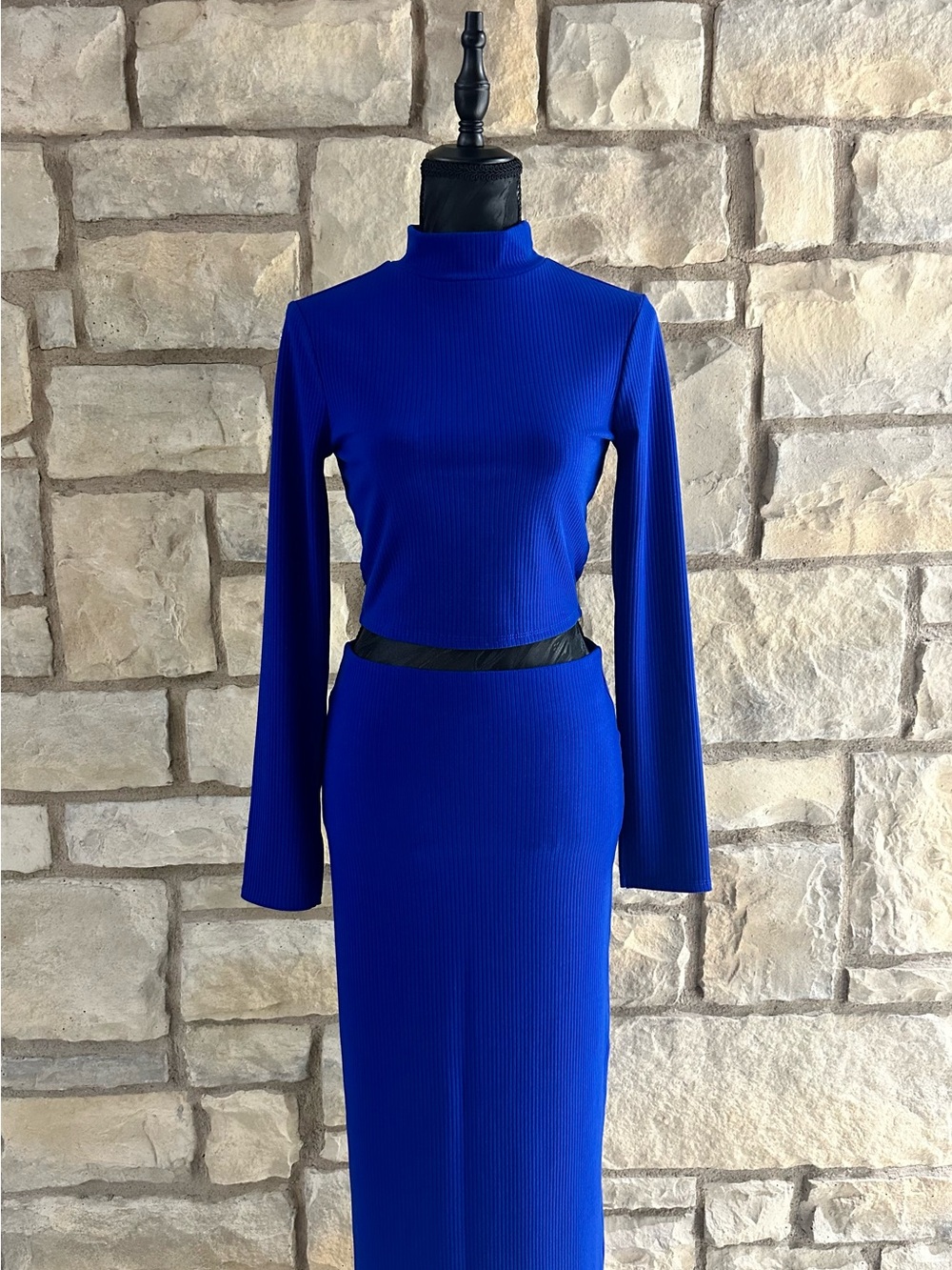Blue Ribbed Long-Sleeve Mock Two-Piece skirt and top - Picture 1 of 3